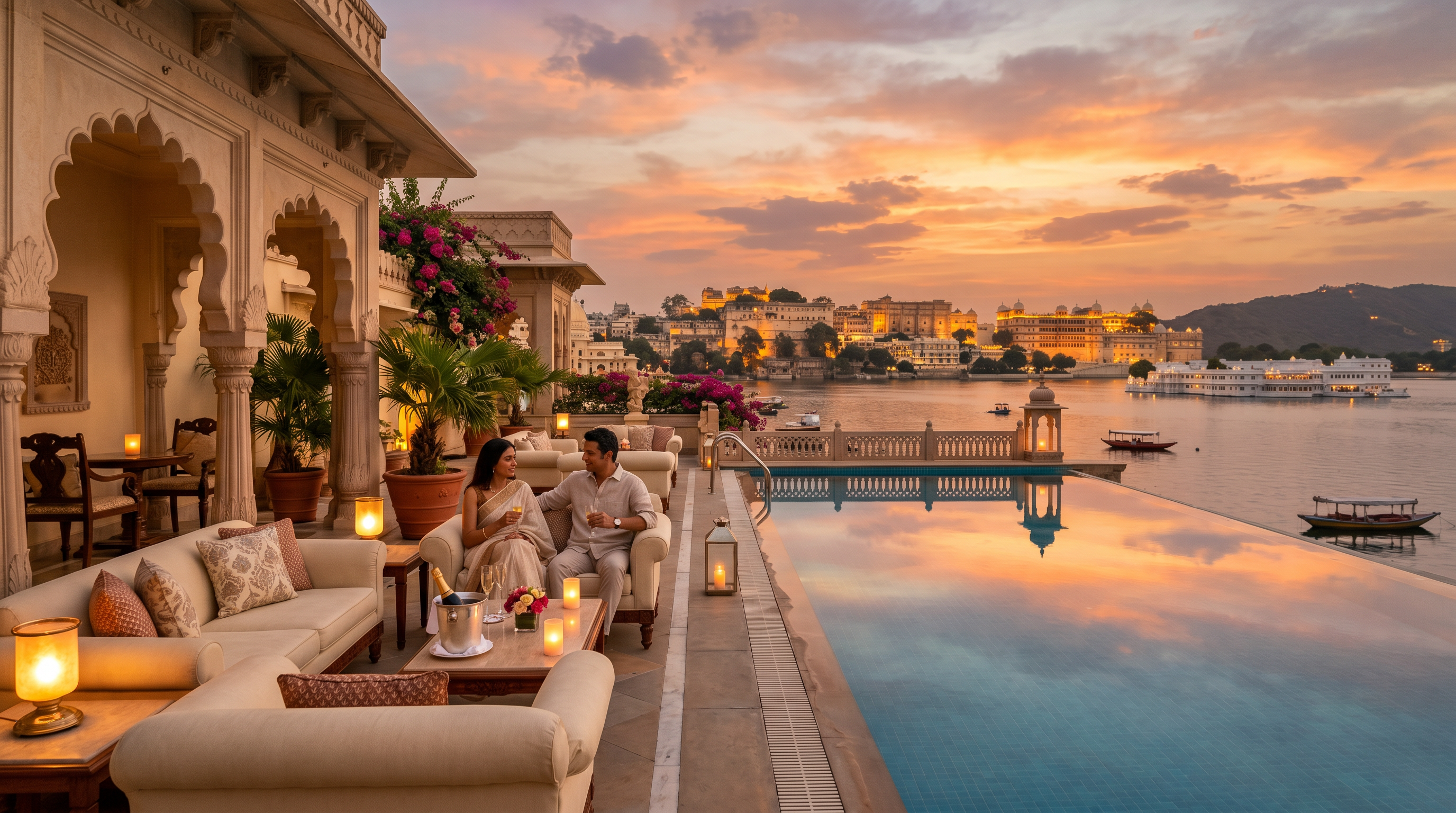 A luxury heritage hotel terrace overlooking a lake at sunset