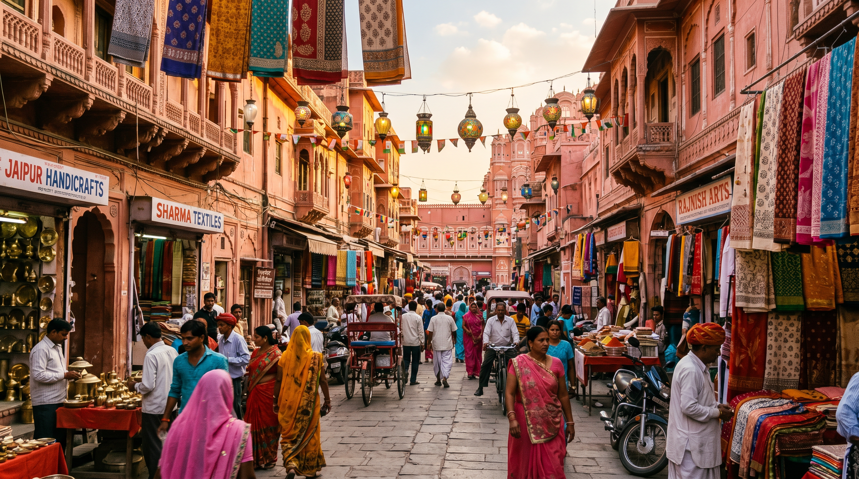 A lively bazaar street in the pink city of Jaipur