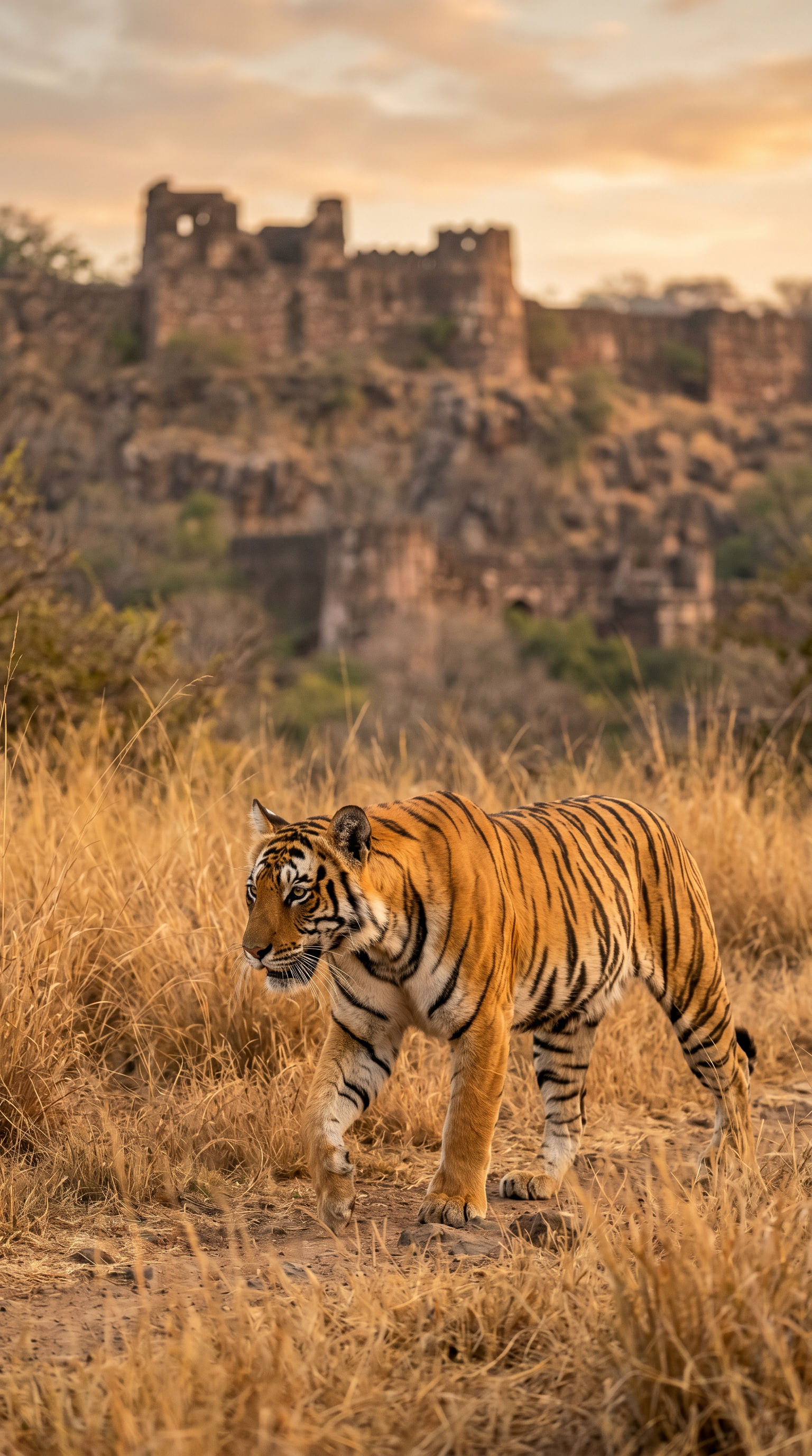 A Bengal tiger in the grasslands of Ranthambore